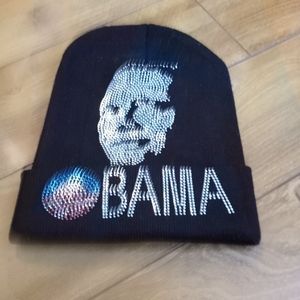 President Obama Black Knit Hat with graphic of his face in sparkles O/S